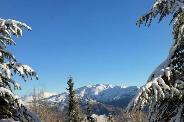 Farellones depois da nevasca, com o sol iluminando as árvores nevadas e a cordilheira ao fundo.