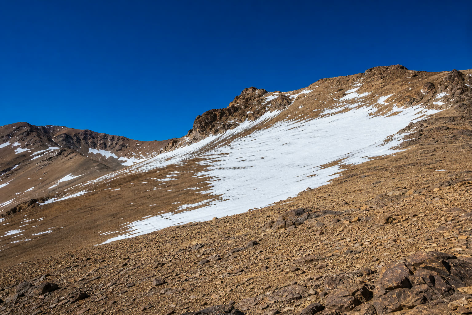 Encosta seca dos Andes com manchas de neve diminuindo, sem nenhuma poça de água, sob céu azul intenso.