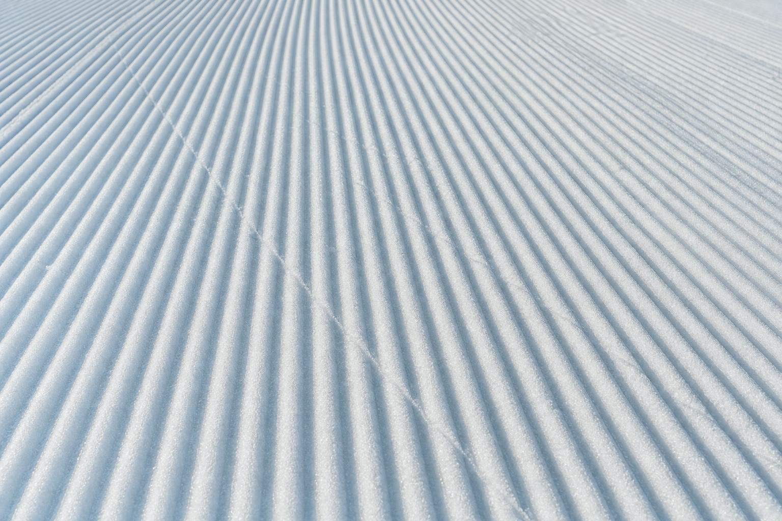 Macro de neve compactada: superfície firme e riscada pelo trabalho do trator de pista.