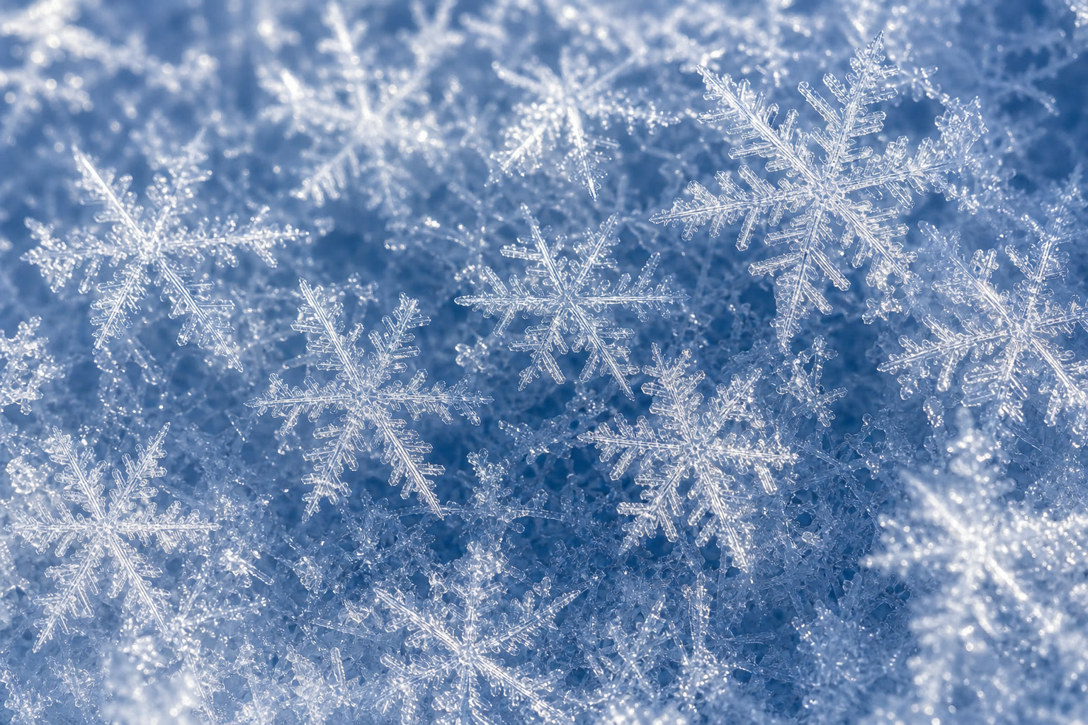 Flocos de neve em formato de estrela recém-caídos, vistos bem de perto.
